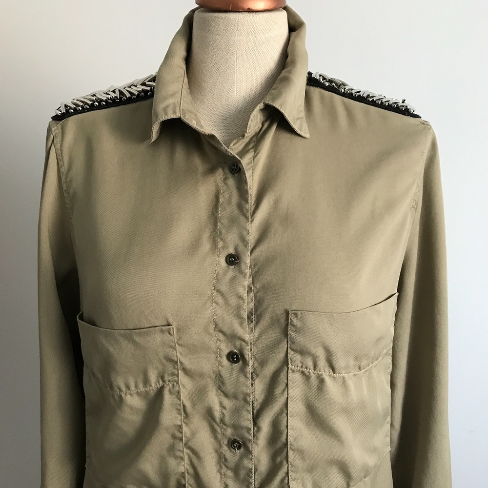 Zara - Tan Military Long Sleeve Button Up Shirt - Picture 4 of 15